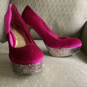 GUESS pink/purple/gold glitter velvet suede sparkle heels - size 8